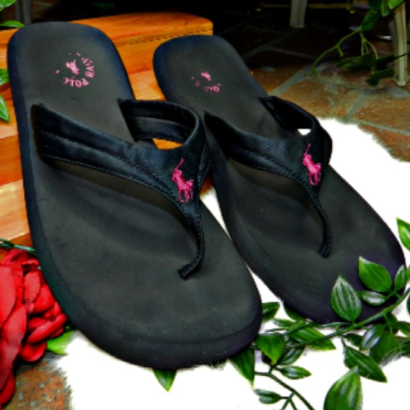 Polo Ralph Lauren Shoes - Polo Ralph Lauren Womens Black Pink Flip Flops